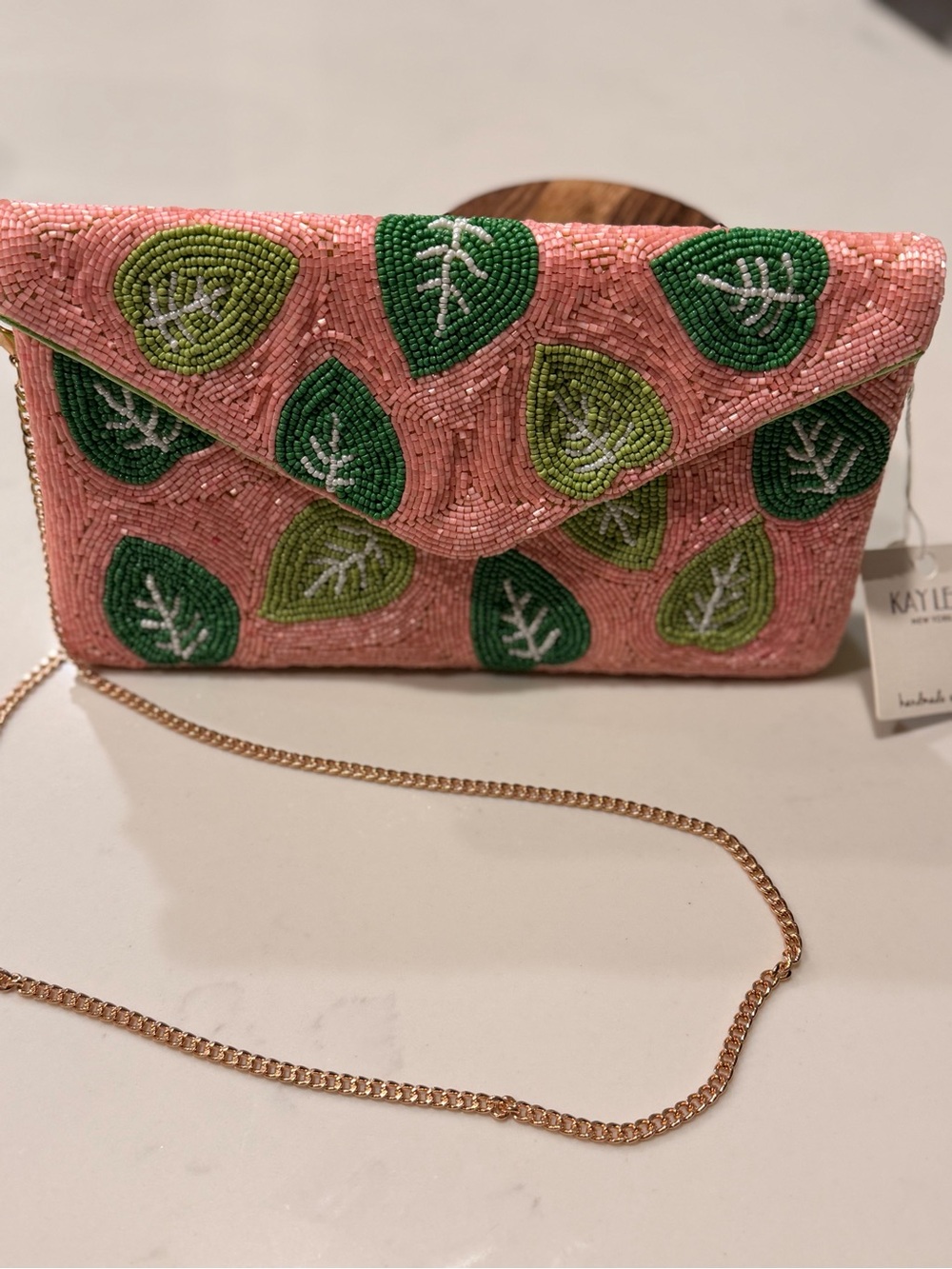 Beaded Pink Leaf Embellished Envelope Clutch by - Picture 2 of 3